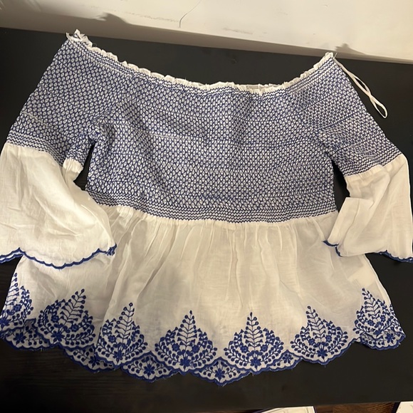 miami Tops - Women’s blue and white embroidered top